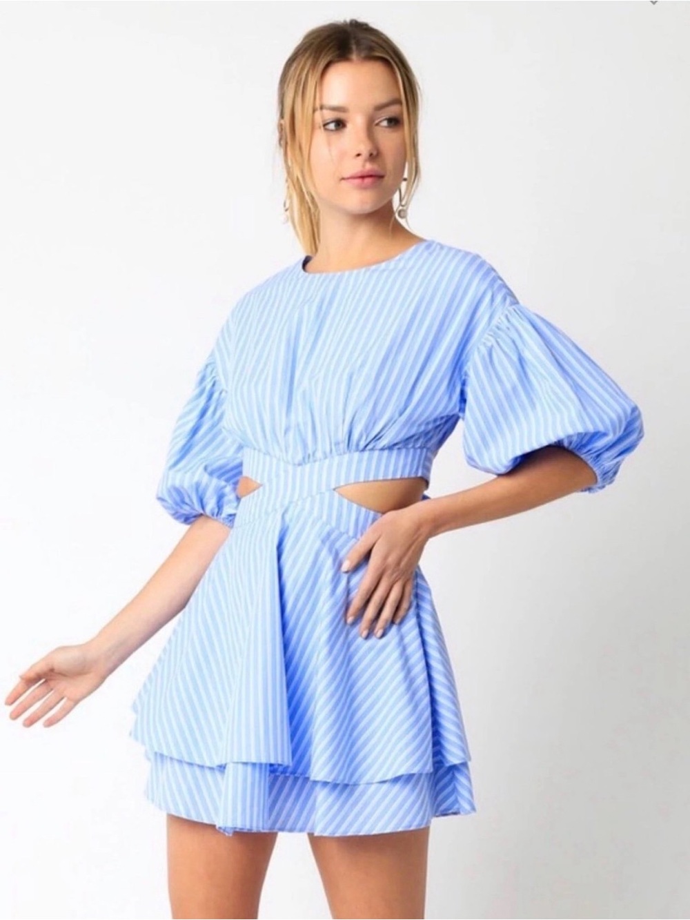 KARLIE Home to Me Blue Striped Puff Sleeve Mini Dress